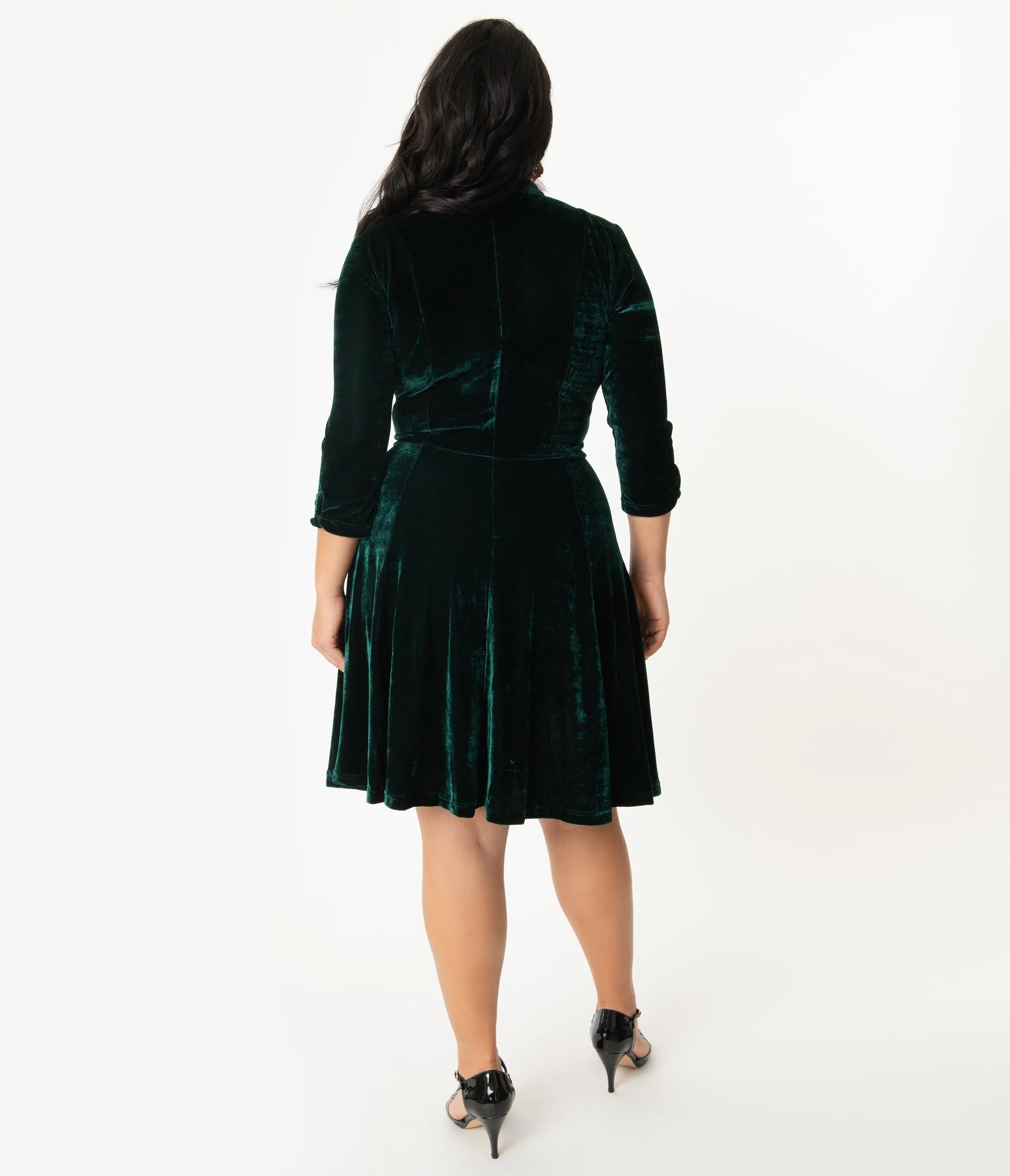 Unique Vintage Plus Size Emerald Velvet Three-Quarter Sleeved Parker Flare Dress