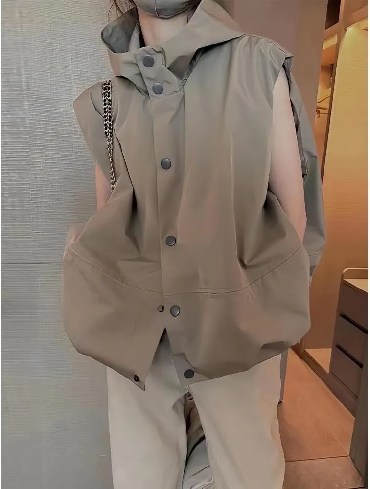 utcoco Womens Casual Lightweight Button Down Vest Cargo Oversized Ruched Hem Sleeveless Hoodie Jackets Tops