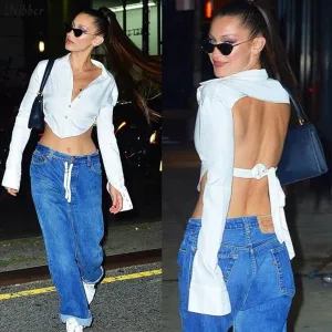 V neck Backless Tops wild Long Sleeve Elegant Crop Tops