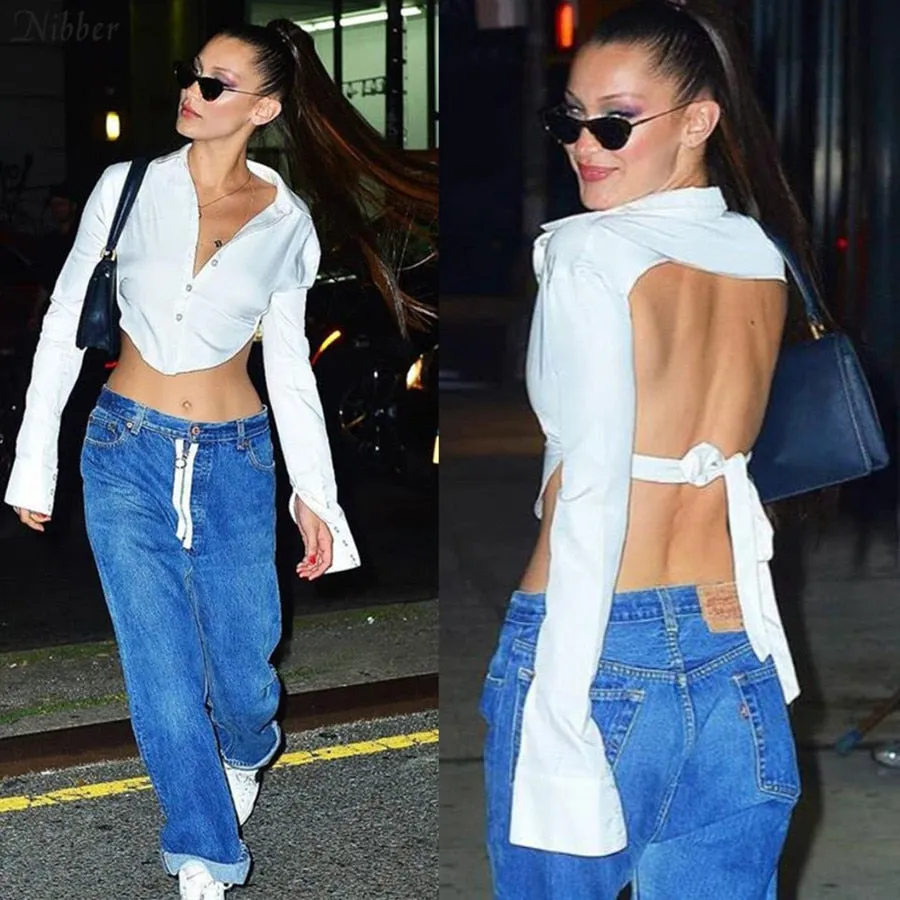 V neck Backless Tops wild Long Sleeve Elegant Crop Tops