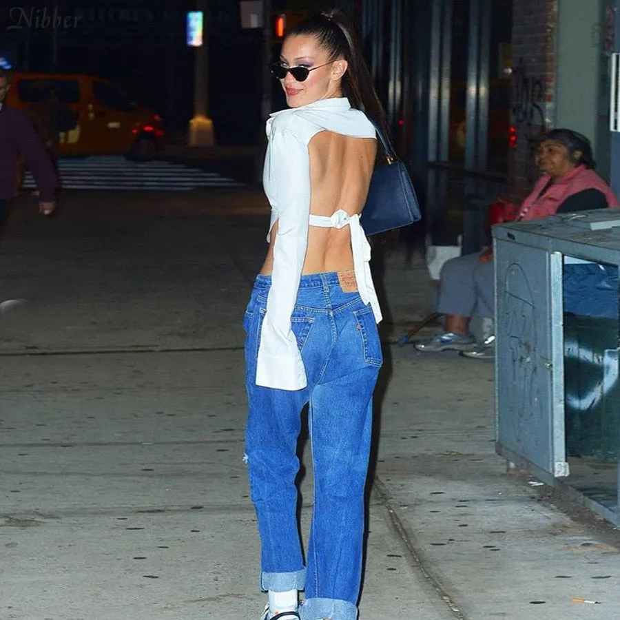 V neck Backless Tops wild Long Sleeve Elegant Crop Tops