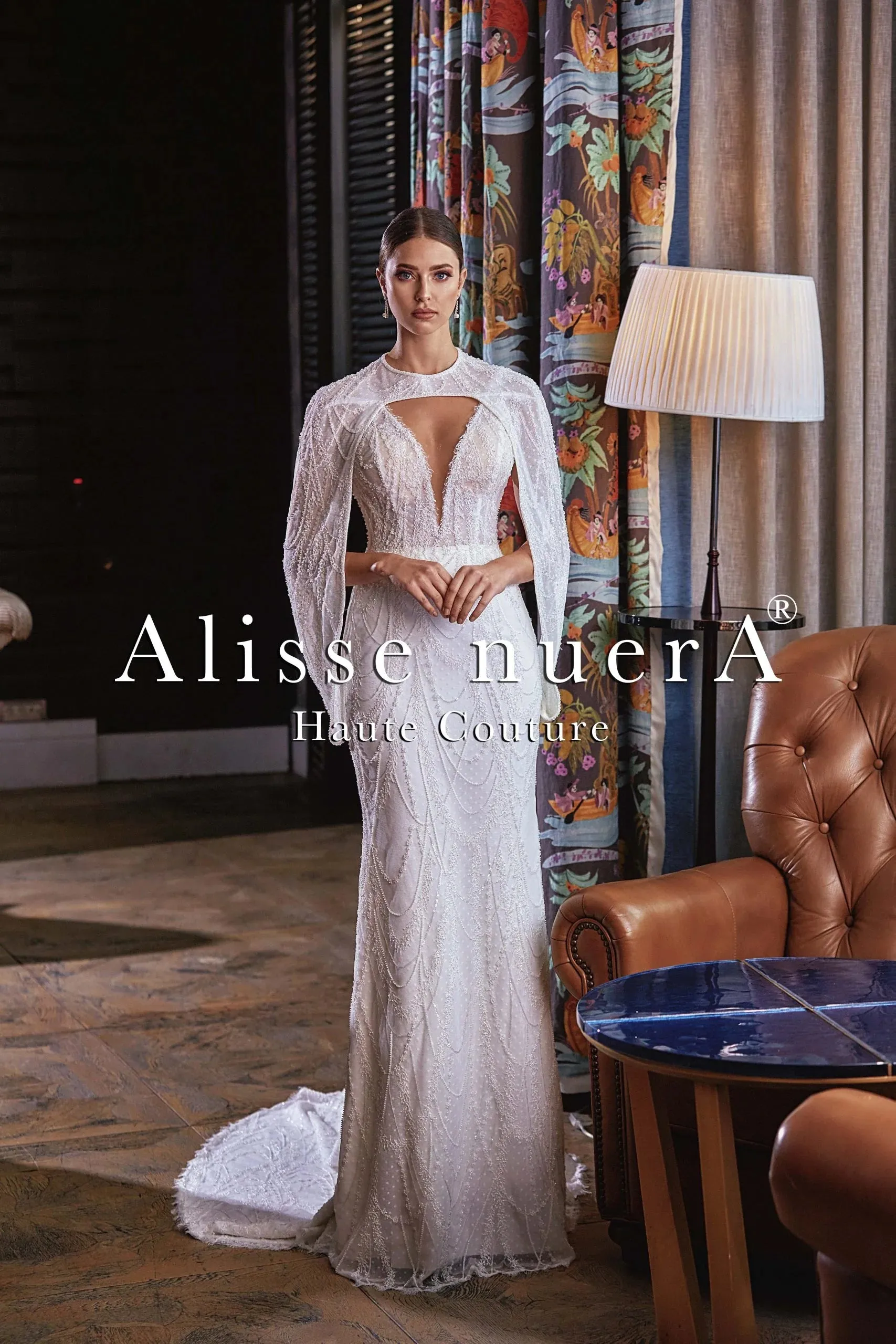 V Neck Glittering Wedding Dress with Convertible Sleeve Cape