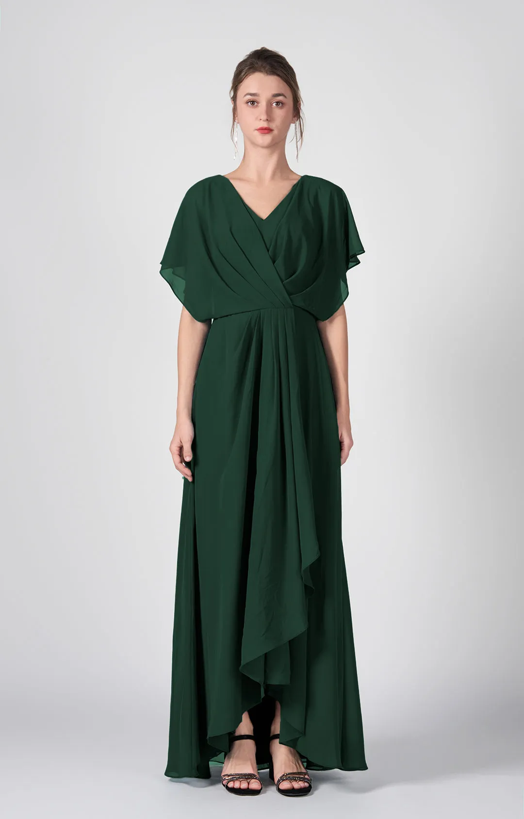 V-neck Ruched  A-Line Chiffon Dresses with Cape