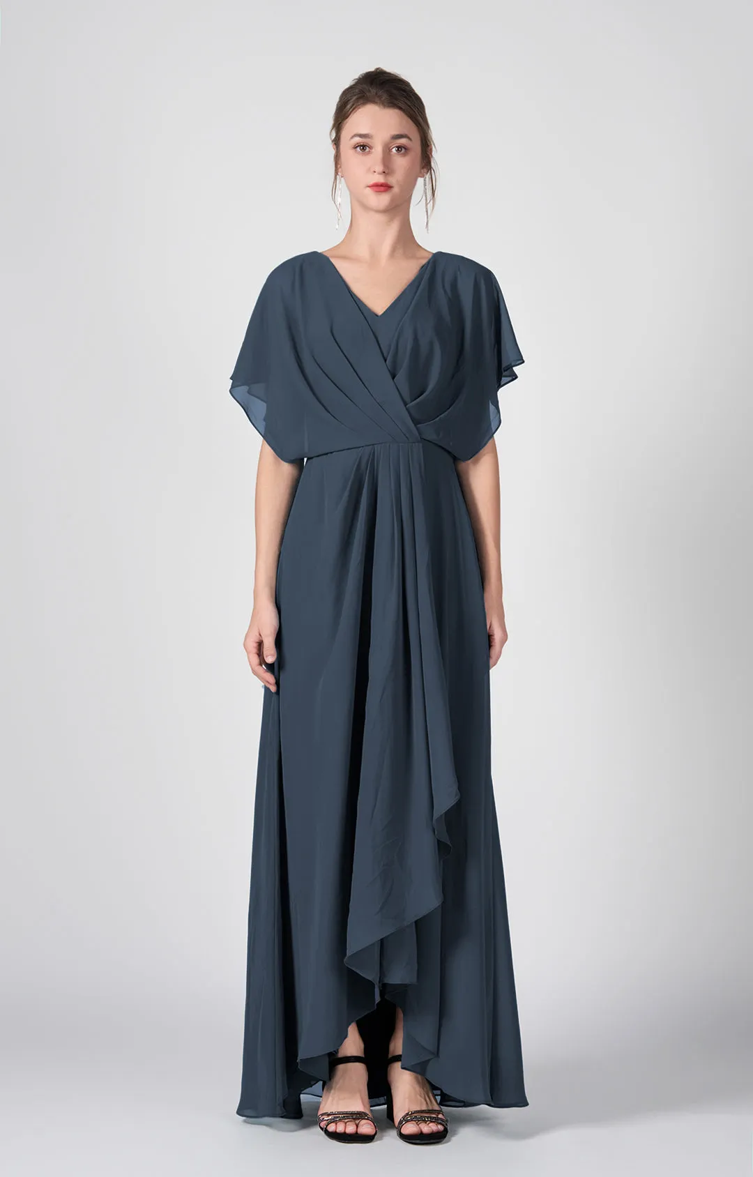 V-neck Ruched  A-Line Chiffon Dresses with Cape