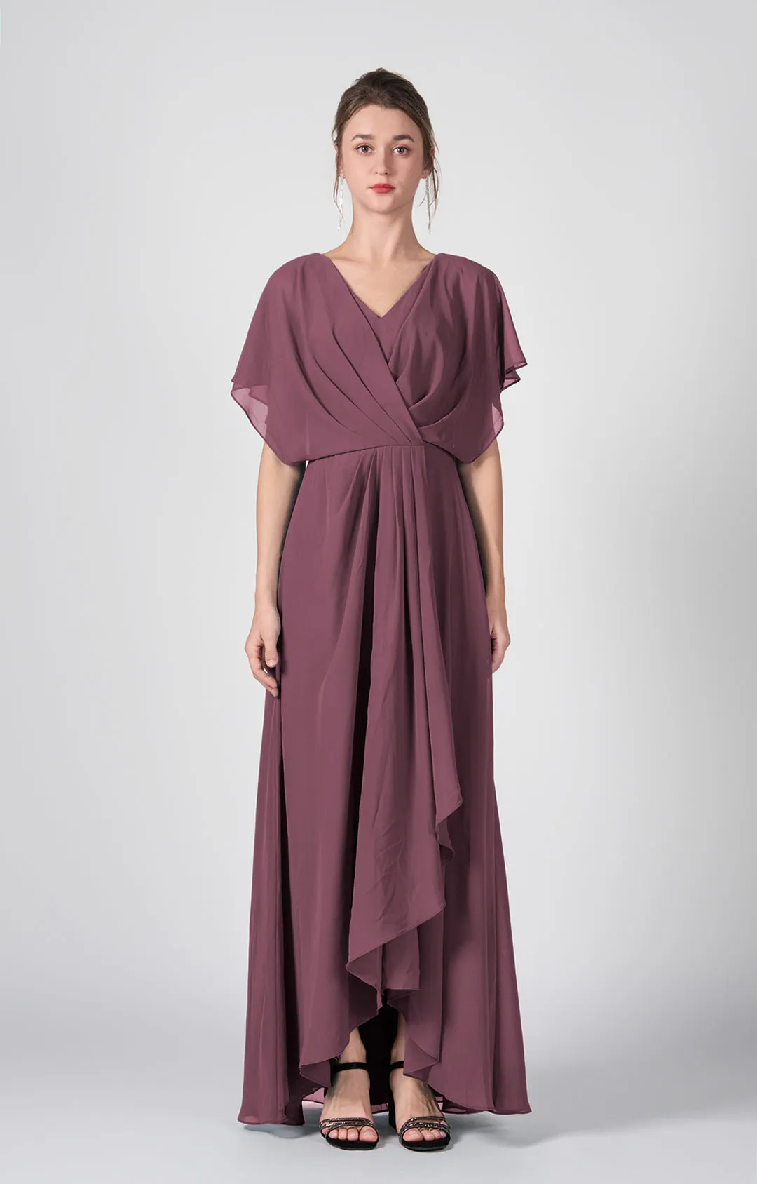 V-neck Ruched  A-Line Chiffon Dresses with Cape