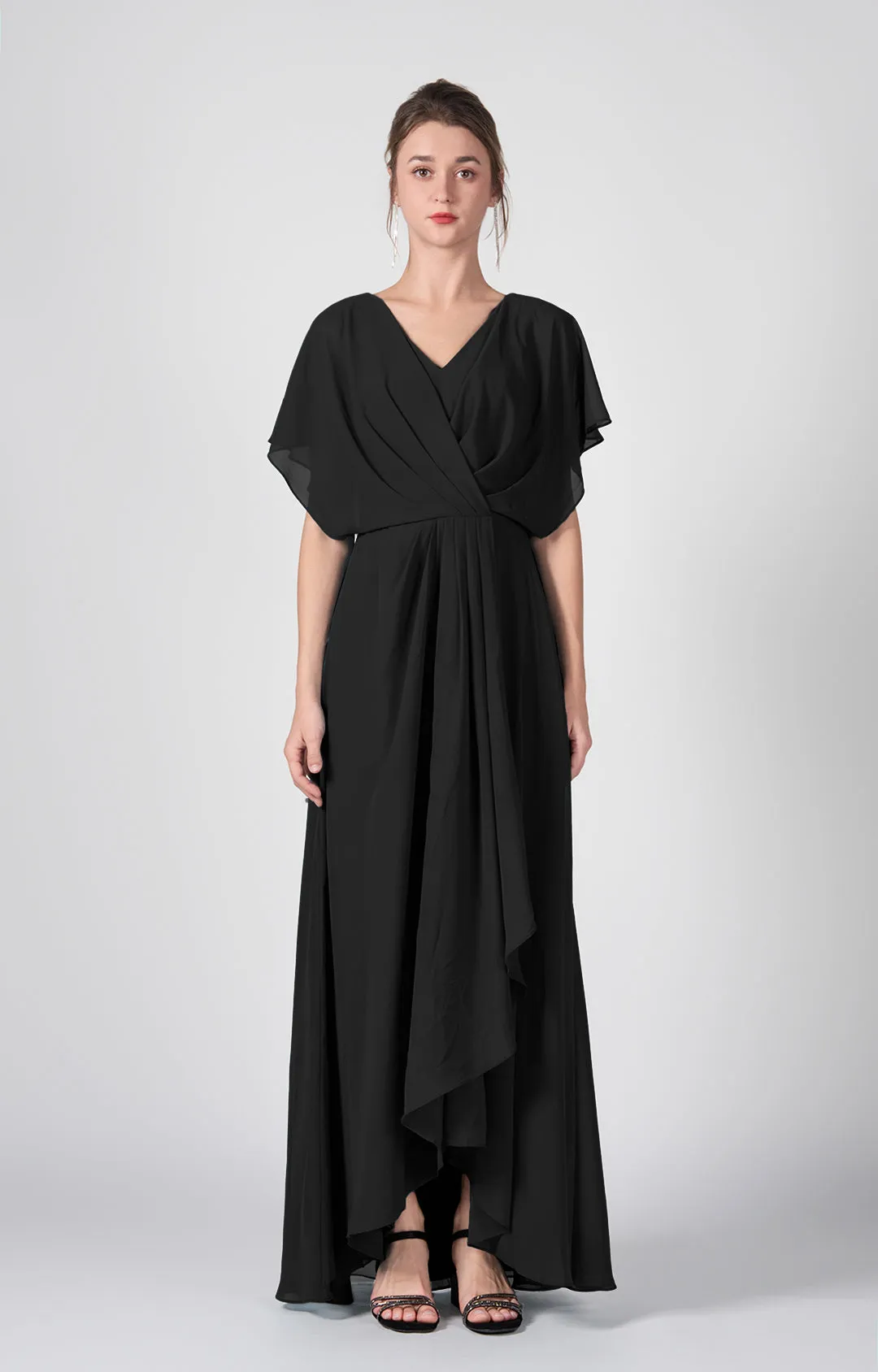 V-neck Ruched  A-Line Chiffon Dresses with Cape