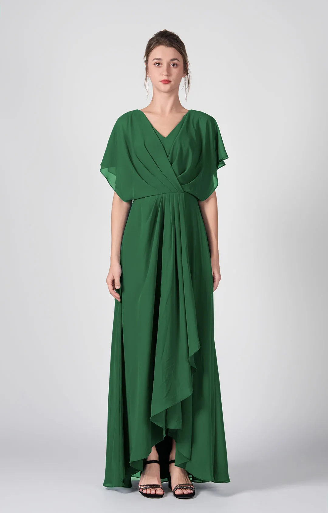 V-neck Ruched  A-Line Chiffon Dresses with Cape