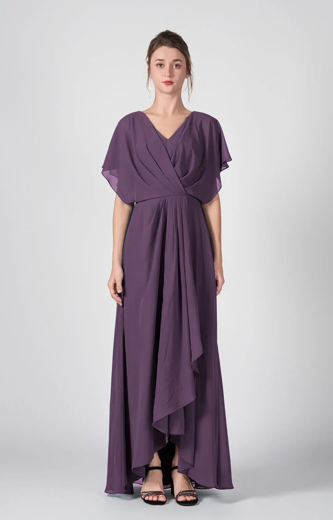 V-neck Ruched  A-Line Chiffon Dresses with Cape