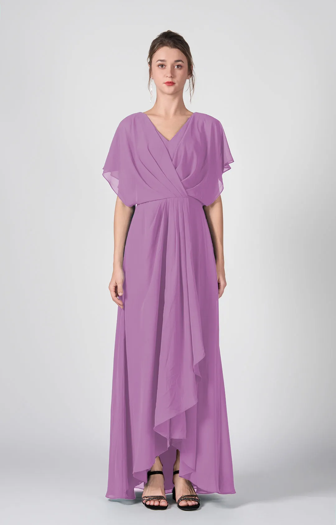 V-neck Ruched  A-Line Chiffon Dresses with Cape