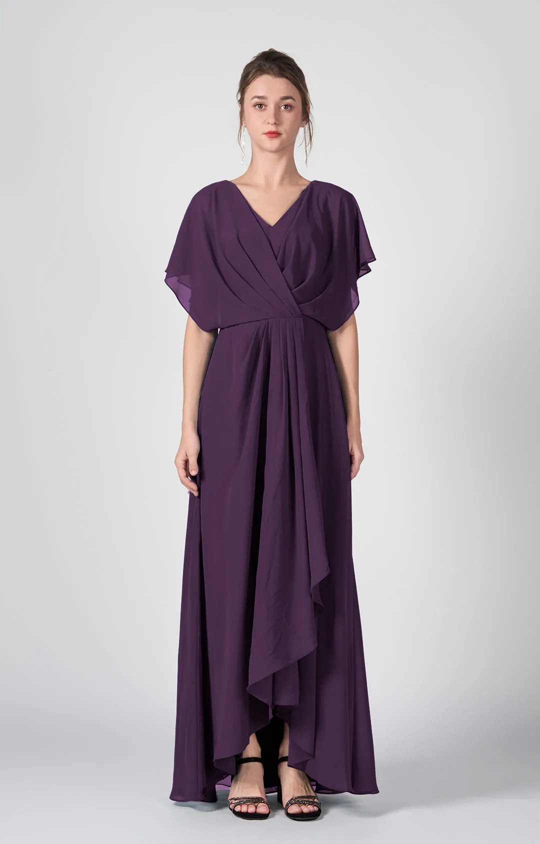 V-neck Ruched  A-Line Chiffon Dresses with Cape