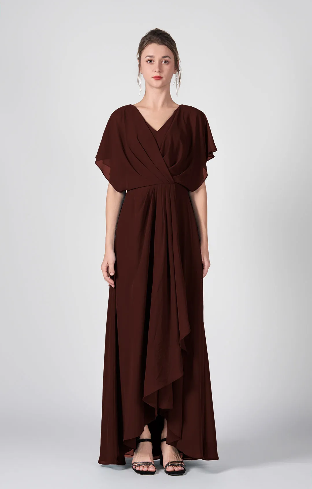 V-neck Ruched  A-Line Chiffon Dresses with Cape