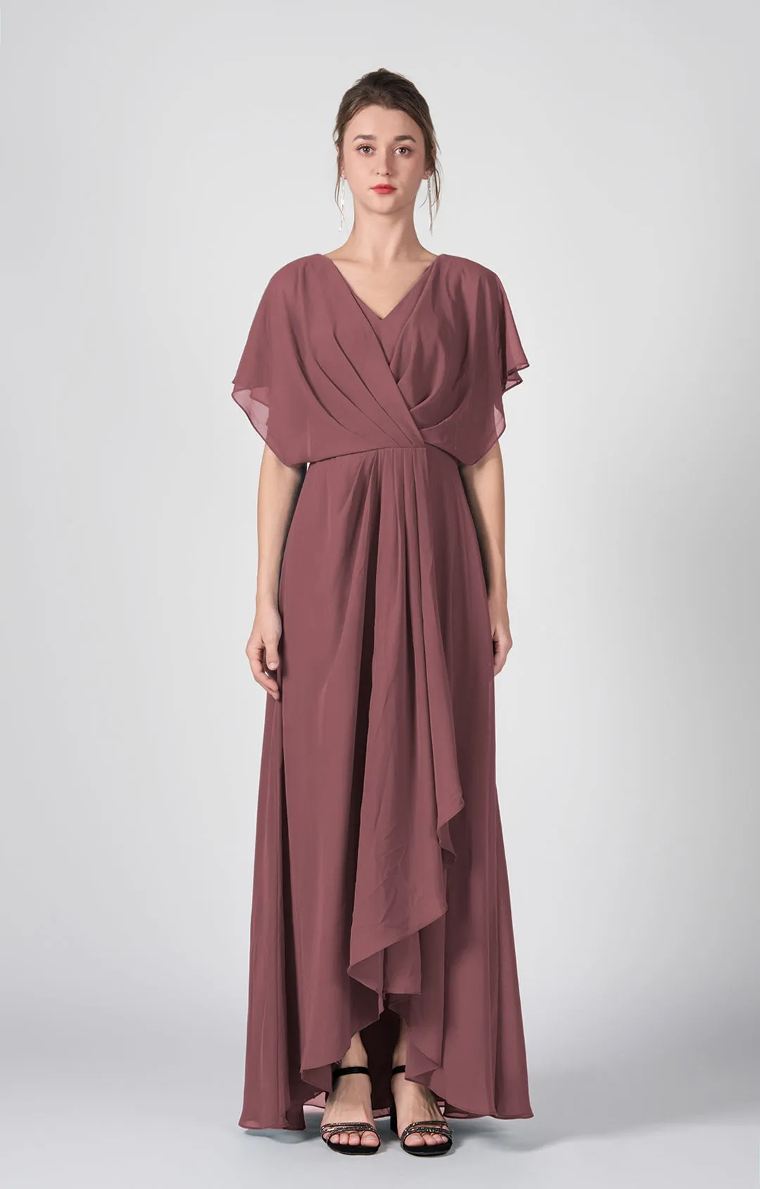 V-neck Ruched  A-Line Chiffon Dresses with Cape