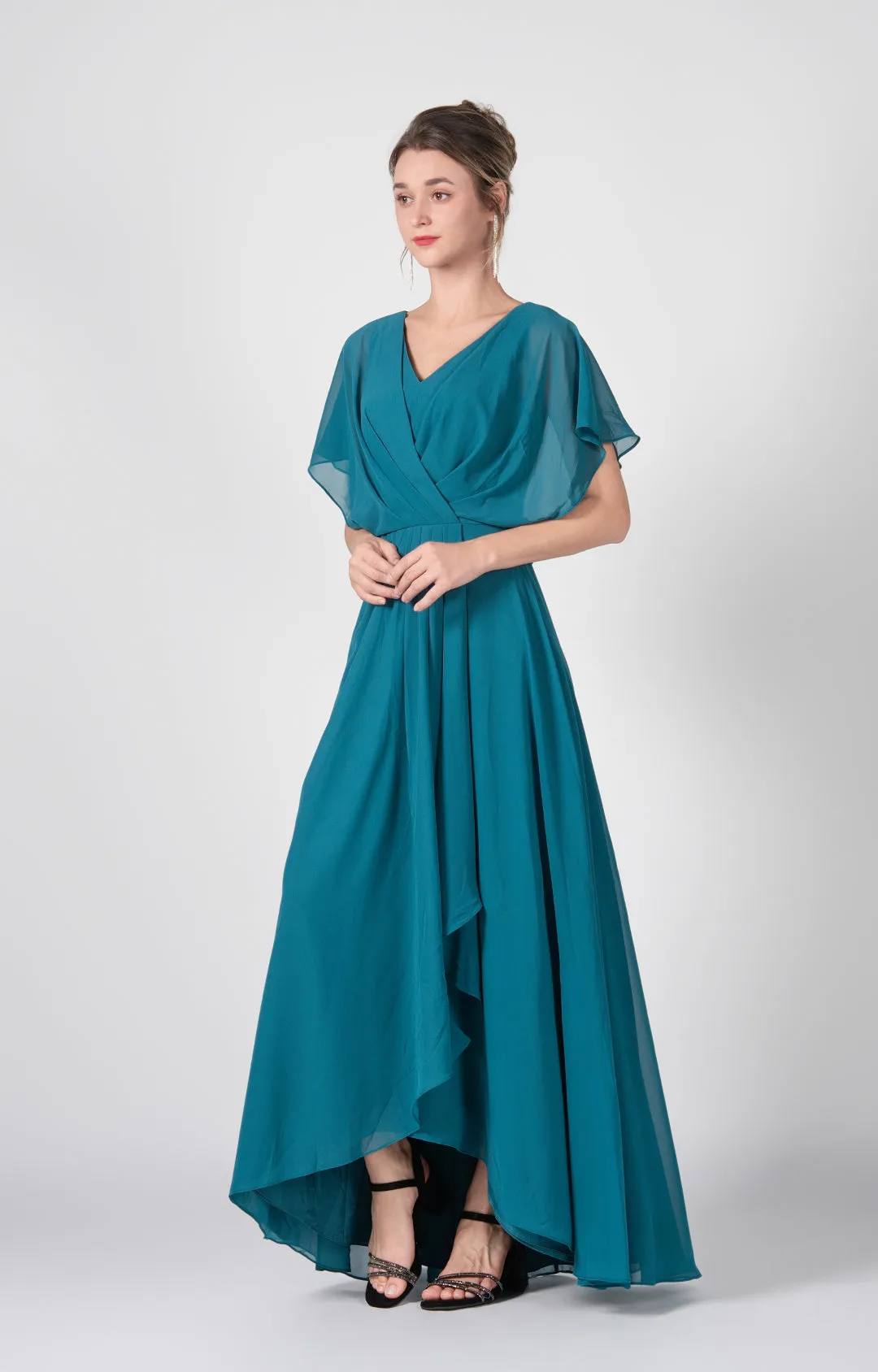 V-neck Ruched  A-Line Chiffon Dresses with Cape