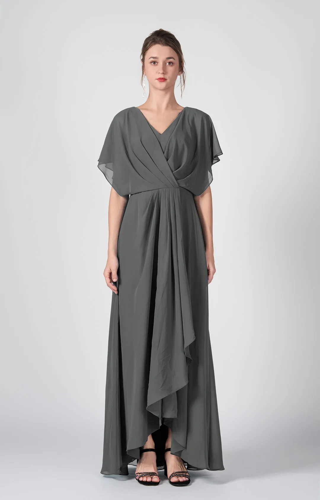 V-neck Ruched  A-Line Chiffon Dresses with Cape