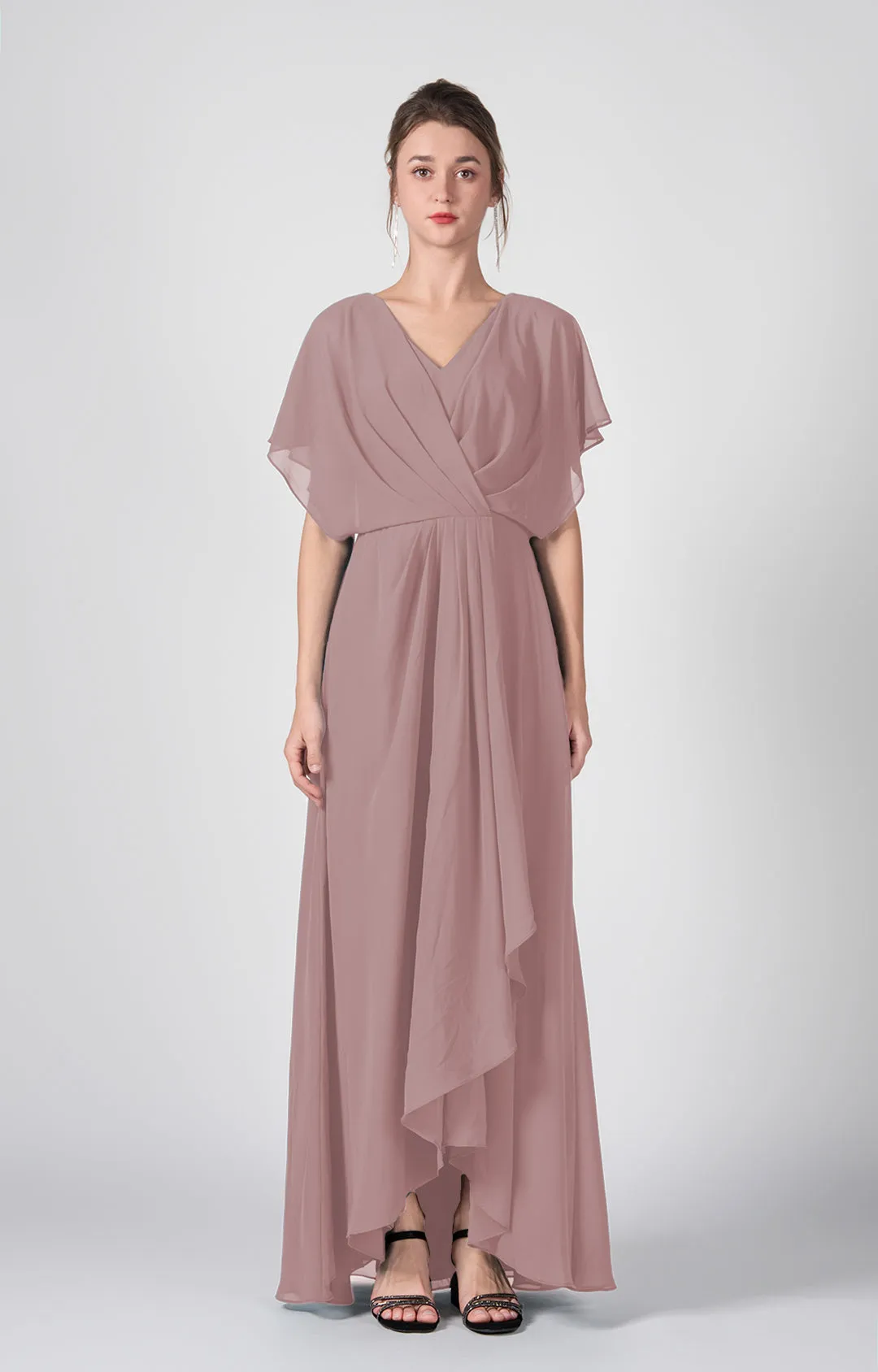 V-neck Ruched  A-Line Chiffon Dresses with Cape