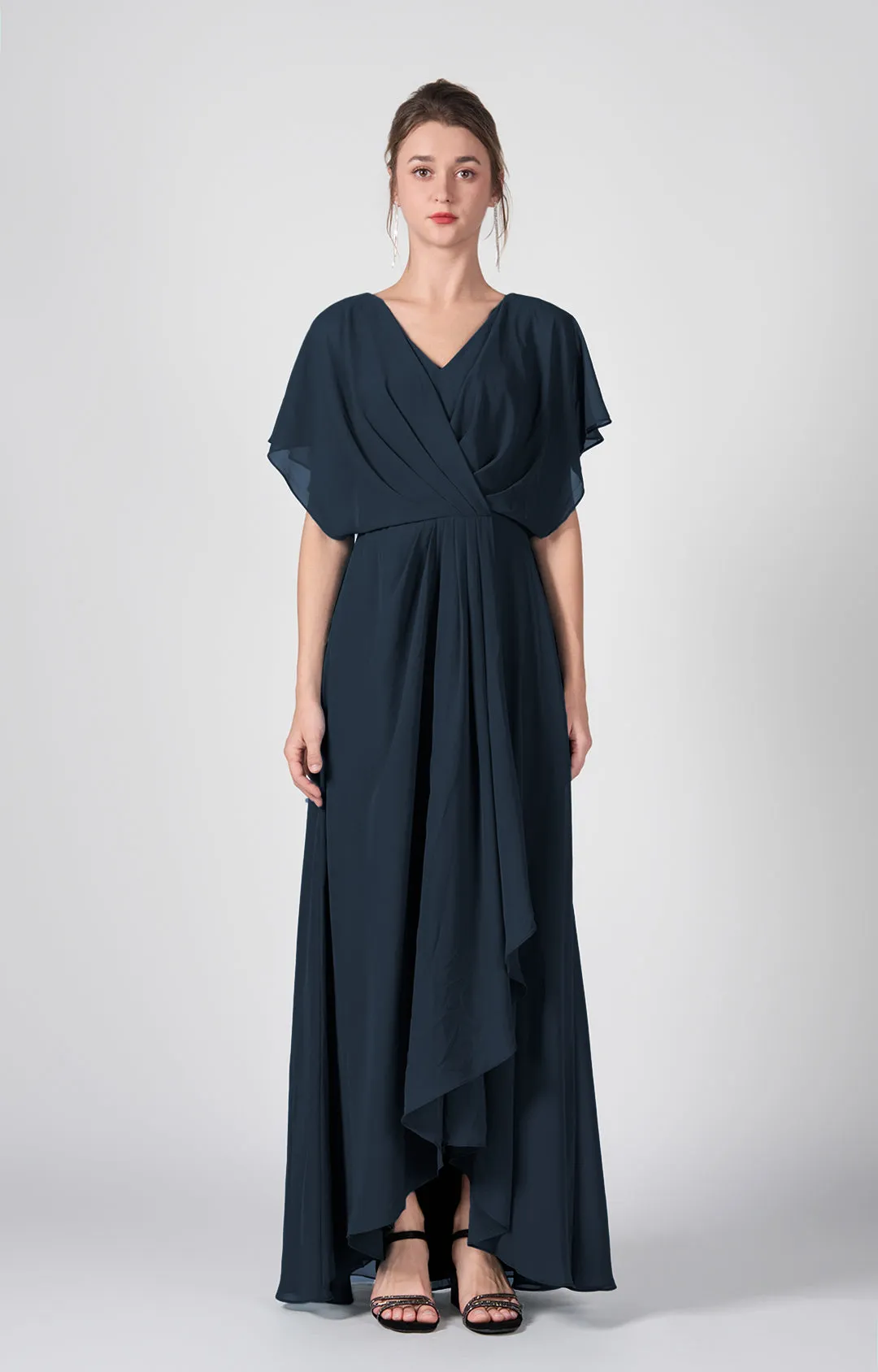 V-neck Ruched  A-Line Chiffon Dresses with Cape