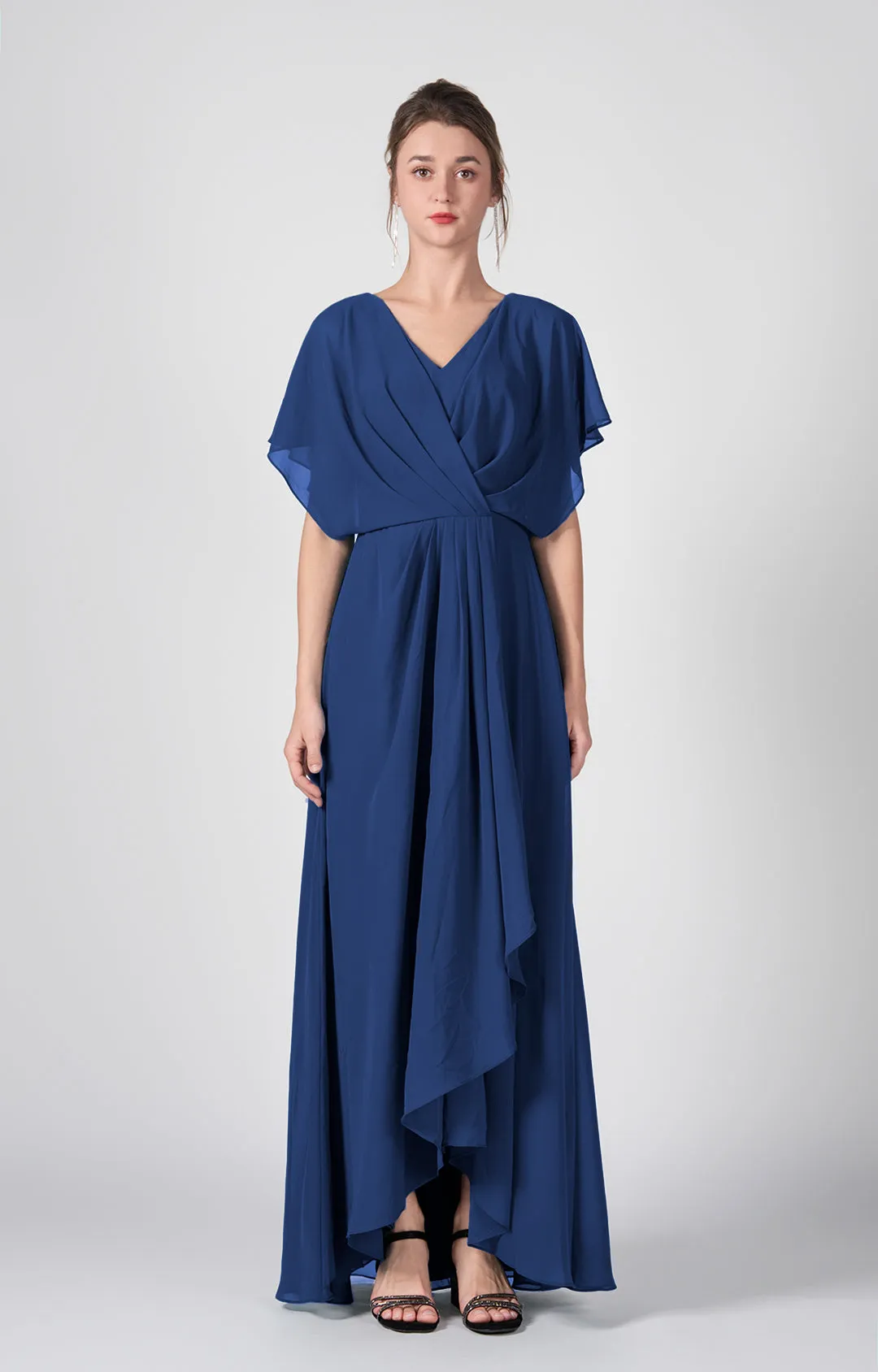 V-neck Ruched  A-Line Chiffon Dresses with Cape