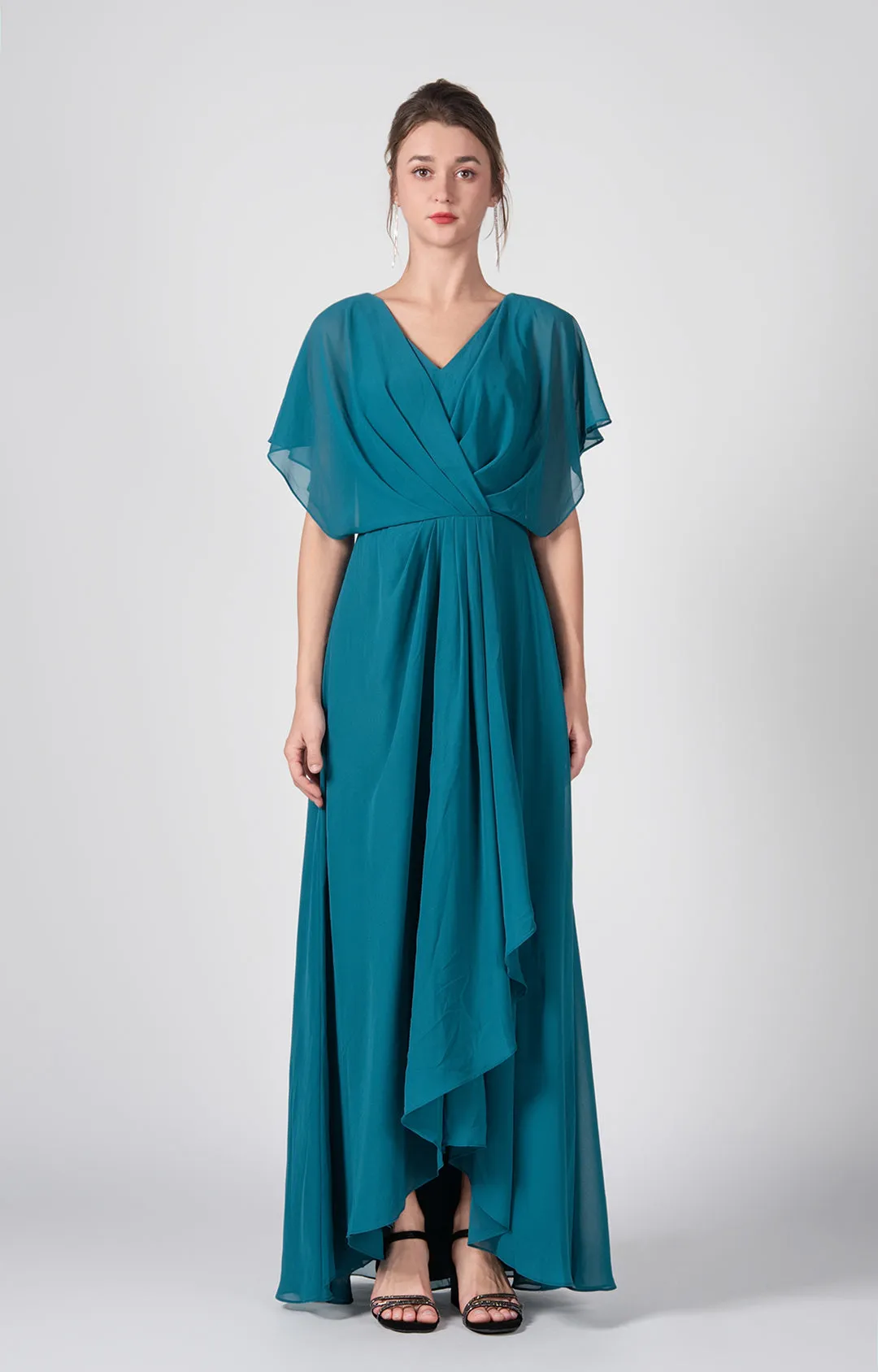 V-neck Ruched  A-Line Chiffon Dresses with Cape