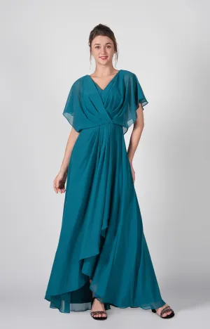 V-neck Ruched  A-Line Chiffon Dresses with Cape