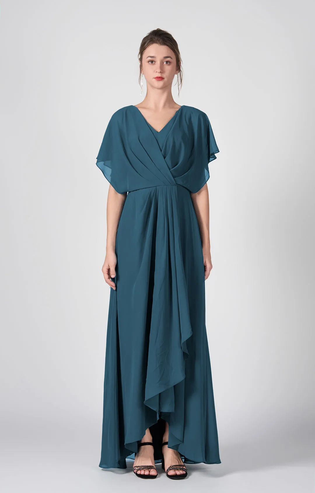V-neck Ruched  A-Line Chiffon Dresses with Cape
