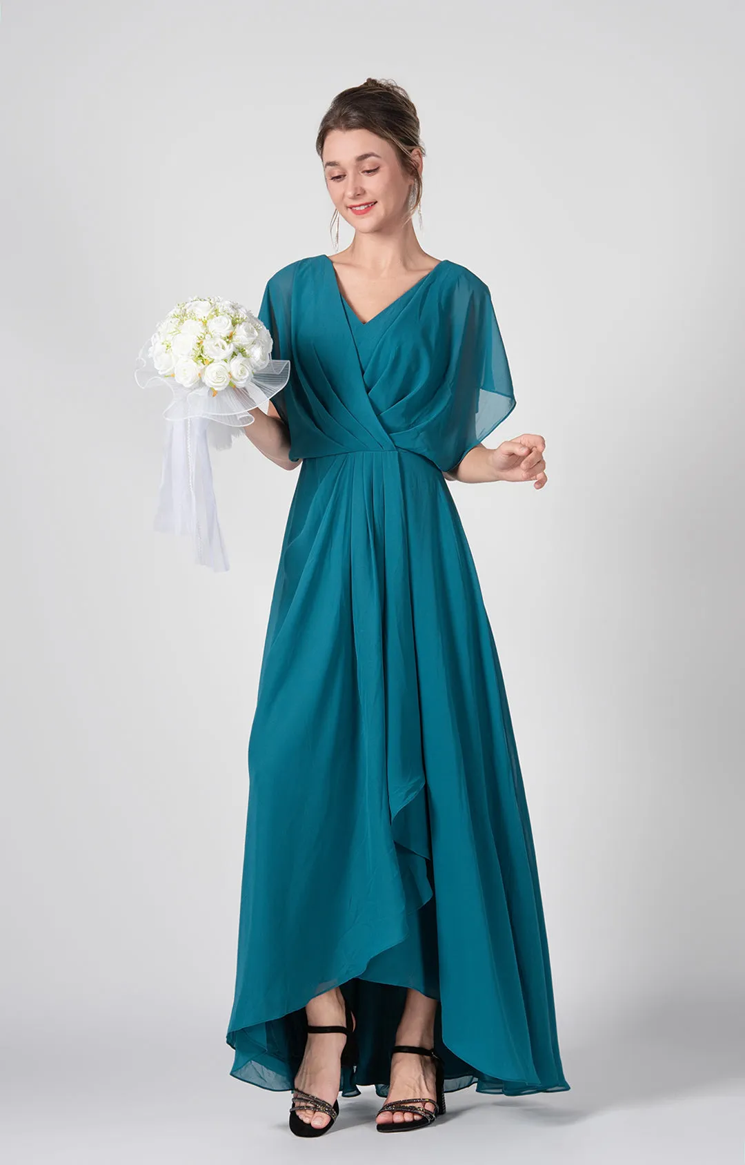 V-neck Ruched  A-Line Chiffon Dresses with Cape