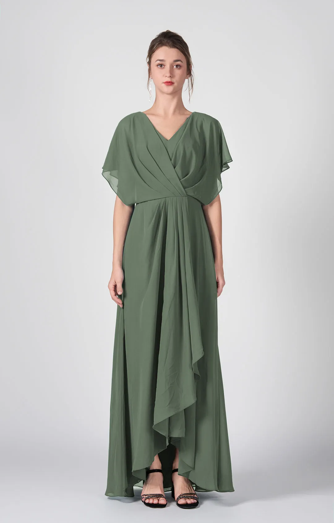 V-neck Ruched  A-Line Chiffon Dresses with Cape