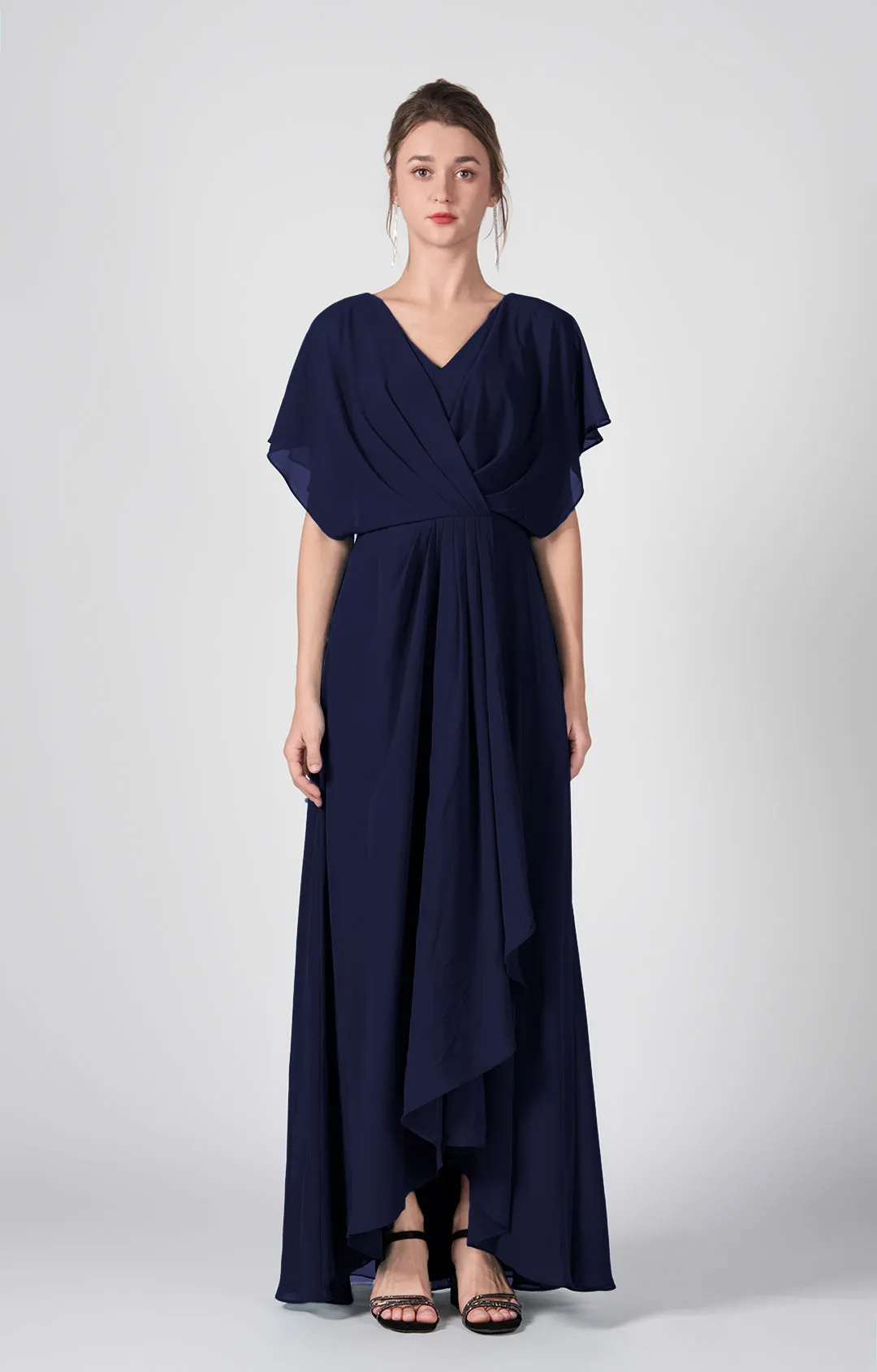 V-neck Ruched  A-Line Chiffon Dresses with Cape