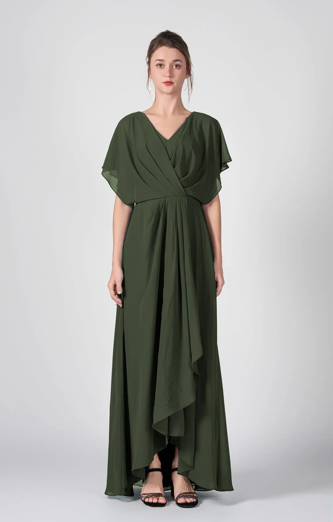 V-neck Ruched  A-Line Chiffon Dresses with Cape