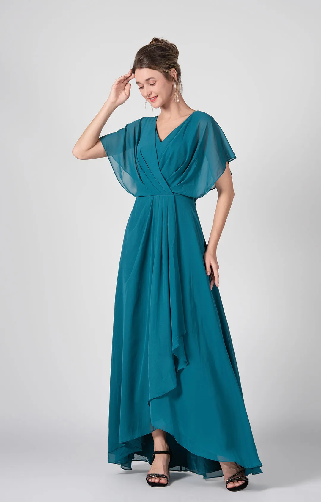 V-neck Ruched  A-Line Chiffon Dresses with Cape