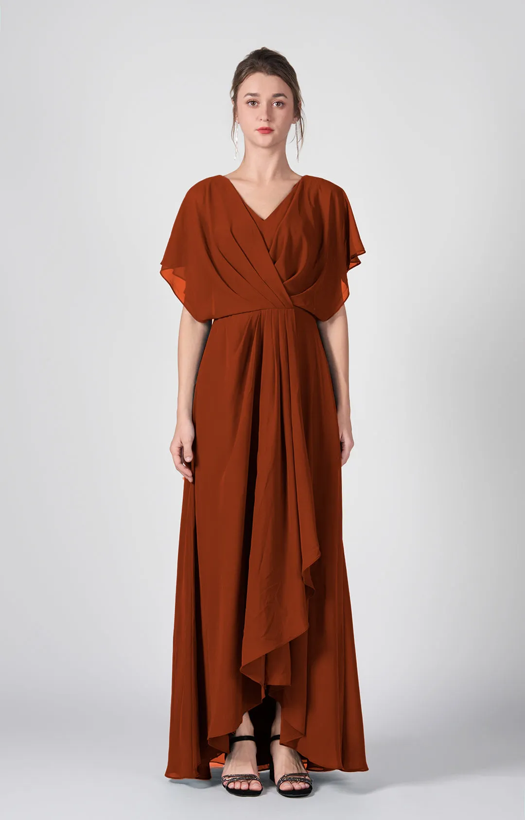 V-neck Ruched  A-Line Chiffon Dresses with Cape