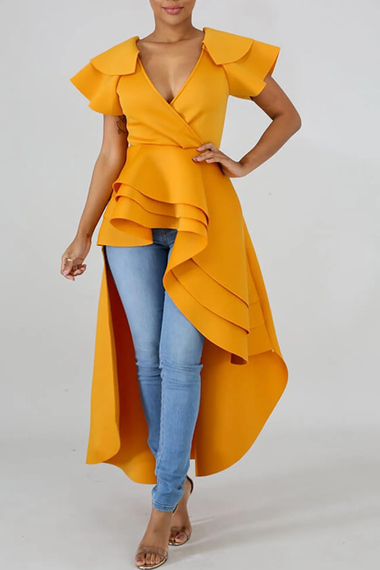 V Neck Ruffle High Low Tops