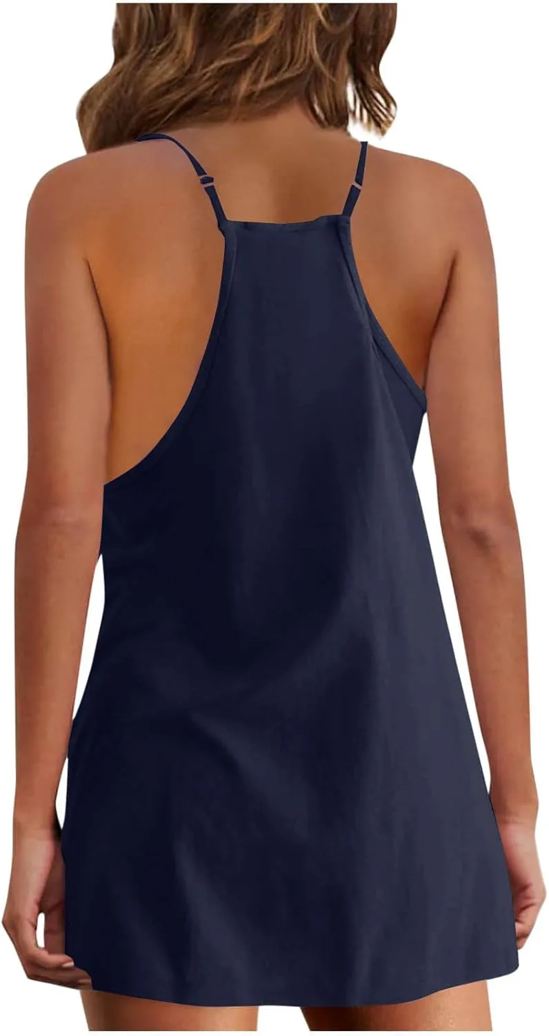 Vacation Dresses for Women 2025 Casual Sleeveless Cute Sundress Ladies Sexy Summer Mini Tank Dress with Pockets