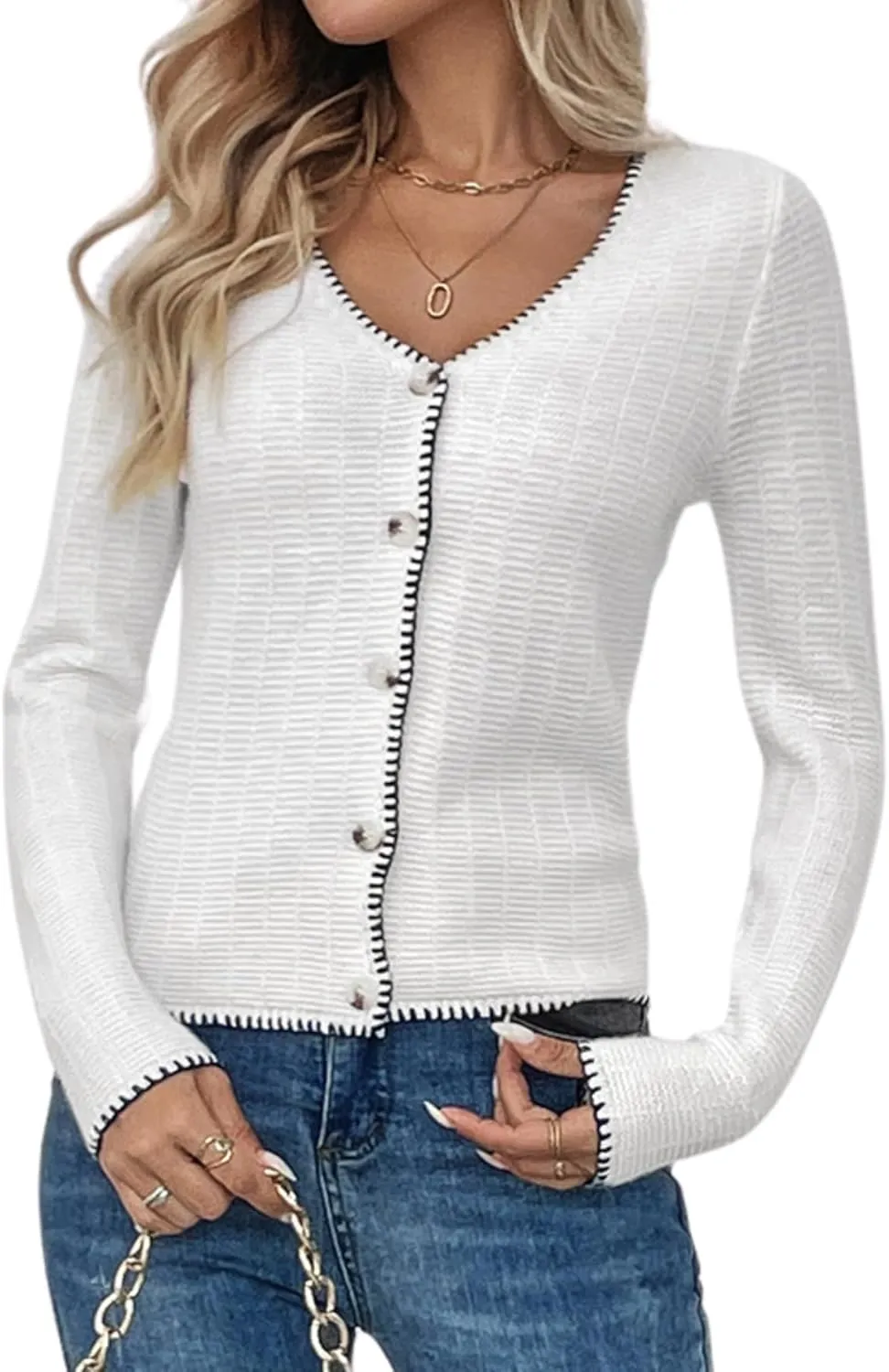 Verdusa Women's Button Down Cardigan Elegant V Neck Long Sleeve Top