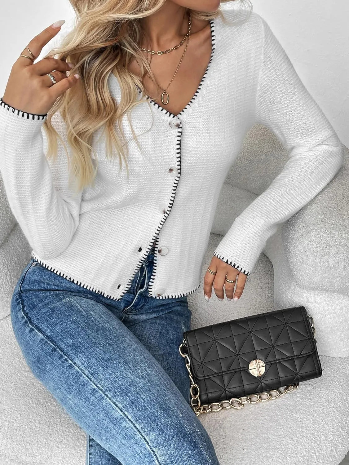 Verdusa Women's Button Down Cardigan Elegant V Neck Long Sleeve Top