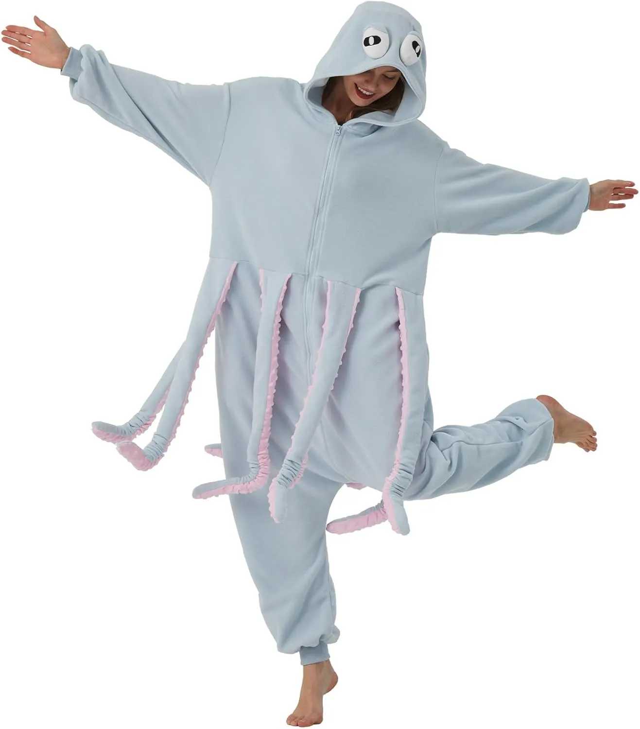 WAWRTOU Octopus Onesie Pajamas for Adults Cozy Sea Creature Costume Halloween Cosplay Octopus One-Piece Jumpsuit