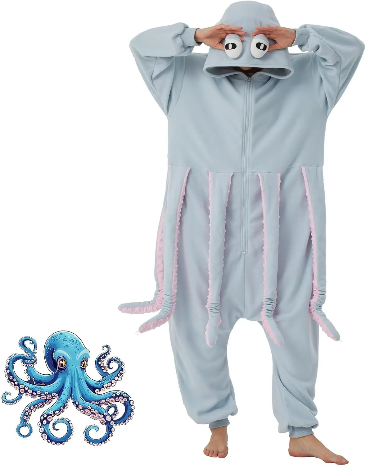 WAWRTOU Octopus Onesie Pajamas for Adults Cozy Sea Creature Costume Halloween Cosplay Octopus One-Piece Jumpsuit