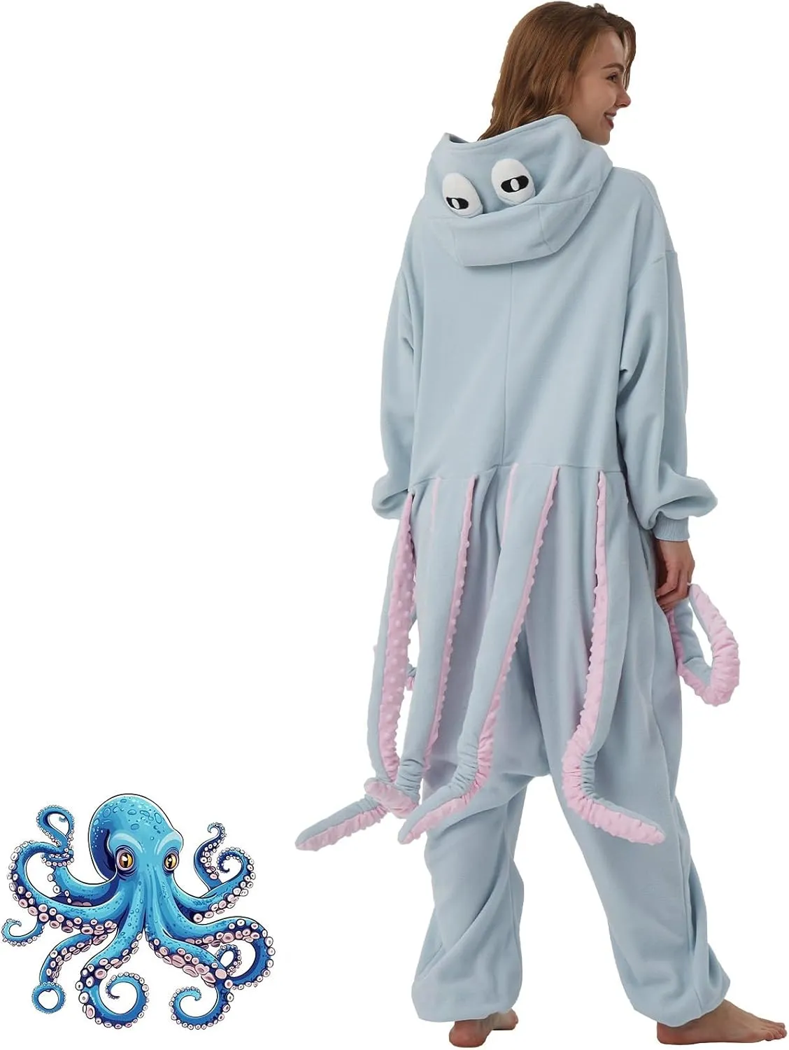 WAWRTOU Octopus Onesie Pajamas for Adults Cozy Sea Creature Costume Halloween Cosplay Octopus One-Piece Jumpsuit
