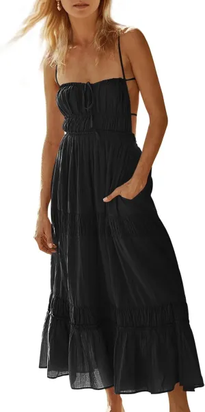 Wenrine Womens Summer Beach Dresses Backless Spaghetti Straps Self Tie Tiered Flowy Casual Maxi Dress with Pockets