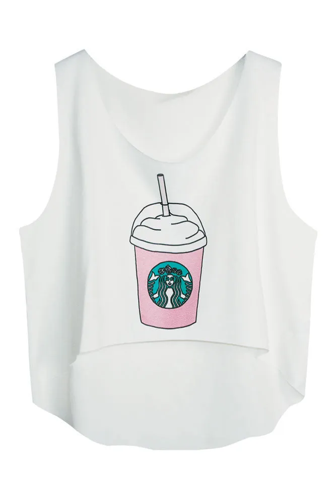 White Starbucks Print Stylish Crop Top