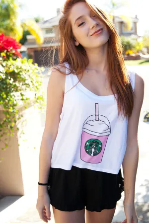 White Starbucks Print Stylish Crop Top