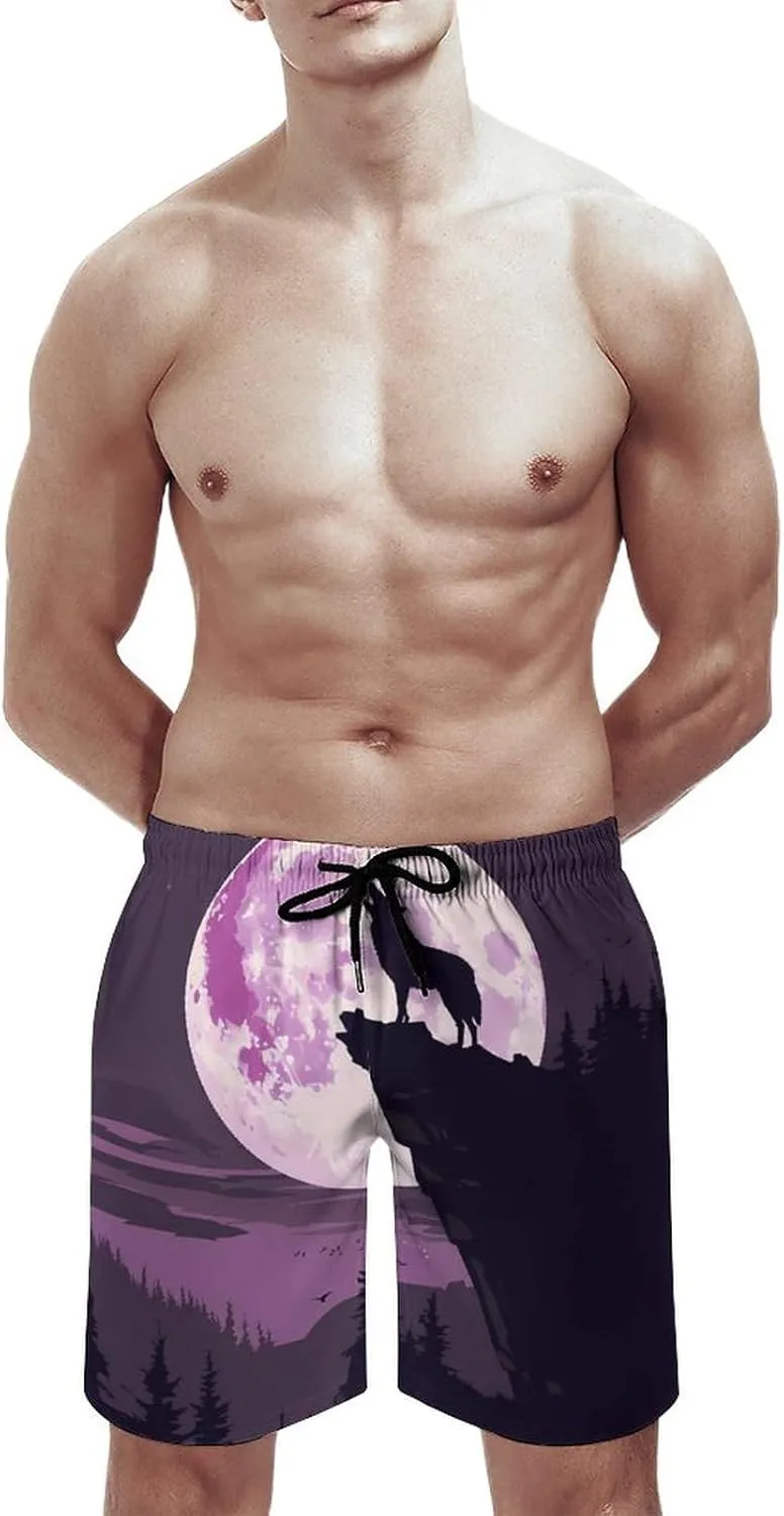 Wolf in Moon Light Men's Swim Trunks Quick Dry Board Shorts Breathable Summer Beach Shorts Bathing Suits