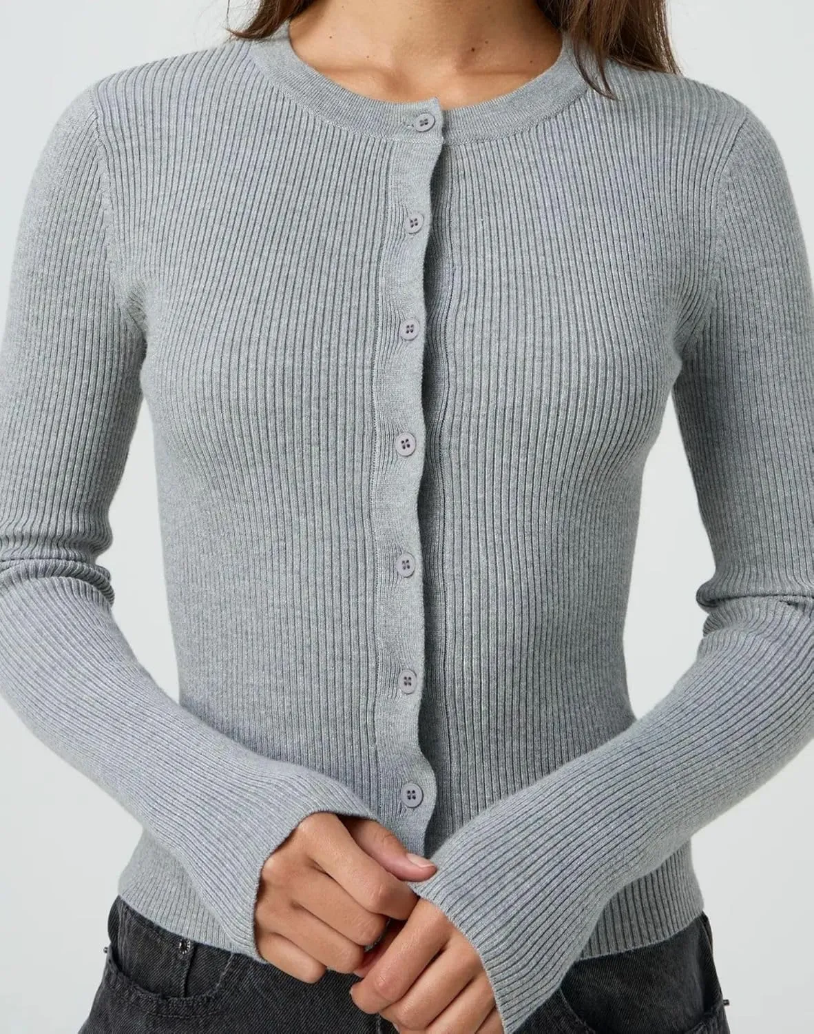 Women Casual Long Sleeve Crewneck Ribbed Knit Crop Cardigan Tight Slim Fit Button Up Sweater Shirts Fall Outfits