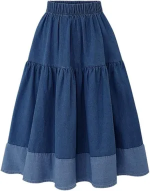 Women Denim Midi Skirt Pleated Skirt A-Line Casual Sexy Jean Skirt Trendy