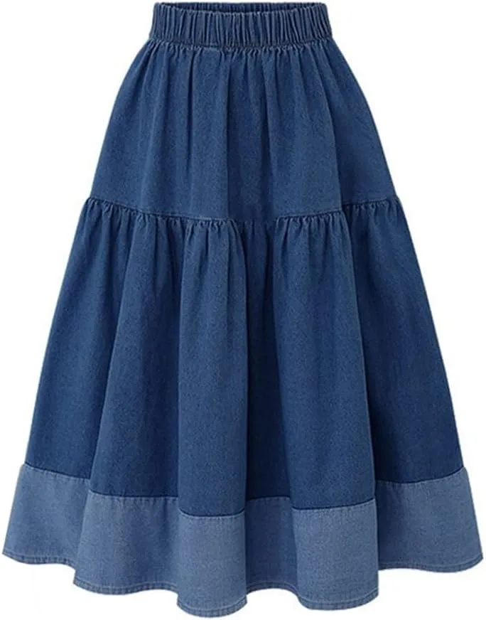 Women Denim Midi Skirt Pleated Skirt A-Line Casual Sexy Jean Skirt Trendy