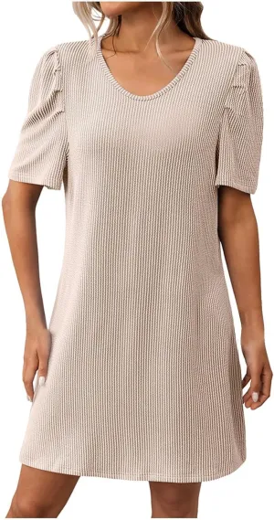 Women Elegant Short Sleeve Mini Dress Round Neck A Line T Shirt Dresses Semi Formal Outfits Summer Clothes