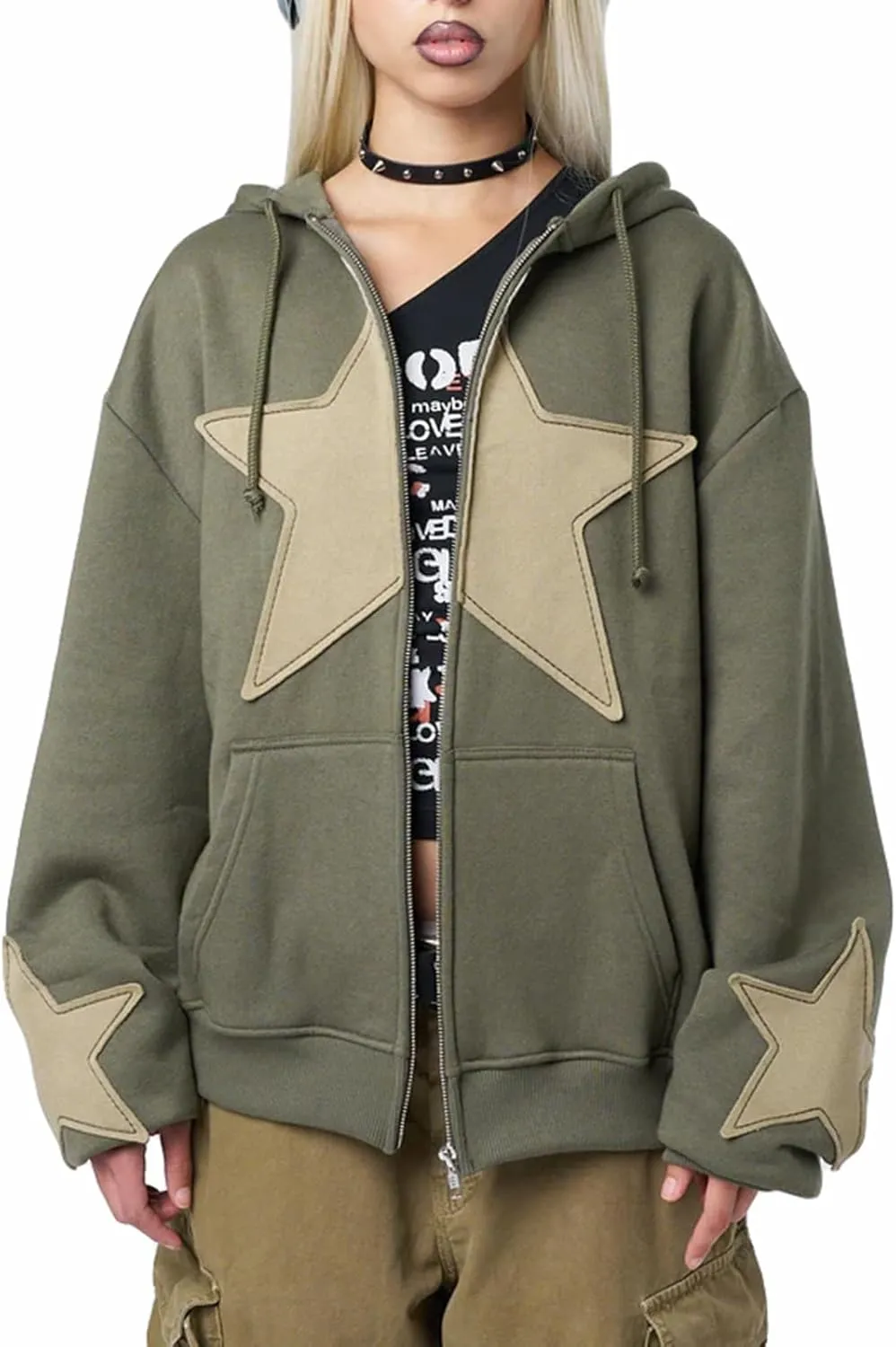 Women Girls Y2k Zip Up Hoodie Vintage Graphic Long Sleeve Oversized Jackets Harajuku Grunge Hooded Sweatshirt