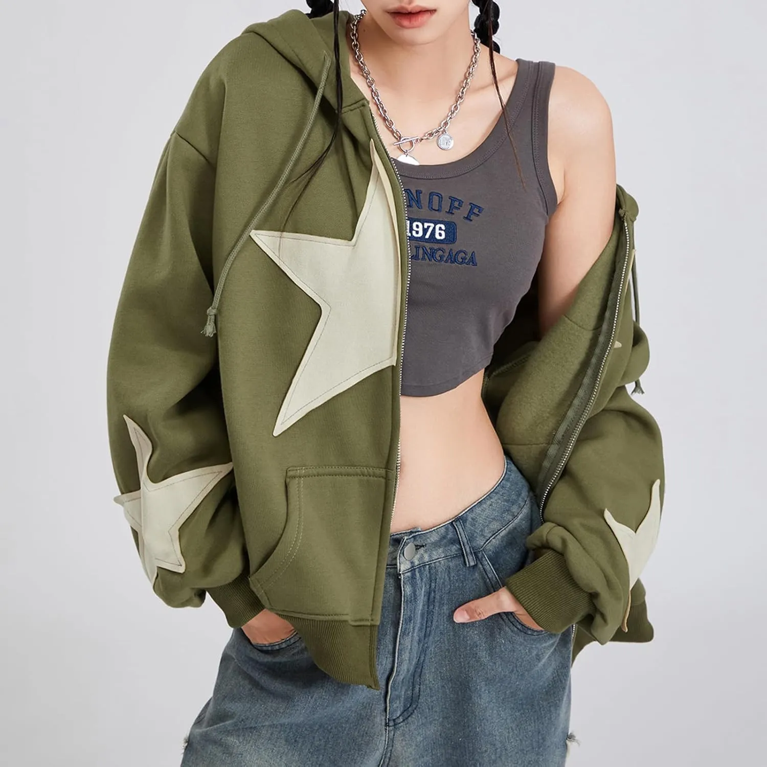 Women Girls Y2k Zip Up Hoodie Vintage Graphic Long Sleeve Oversized Jackets Harajuku Grunge Hooded Sweatshirt