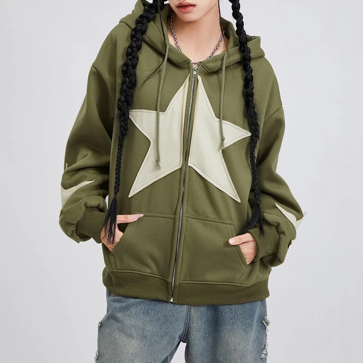 Women Girls Y2k Zip Up Hoodie Vintage Graphic Long Sleeve Oversized Jackets Harajuku Grunge Hooded Sweatshirt