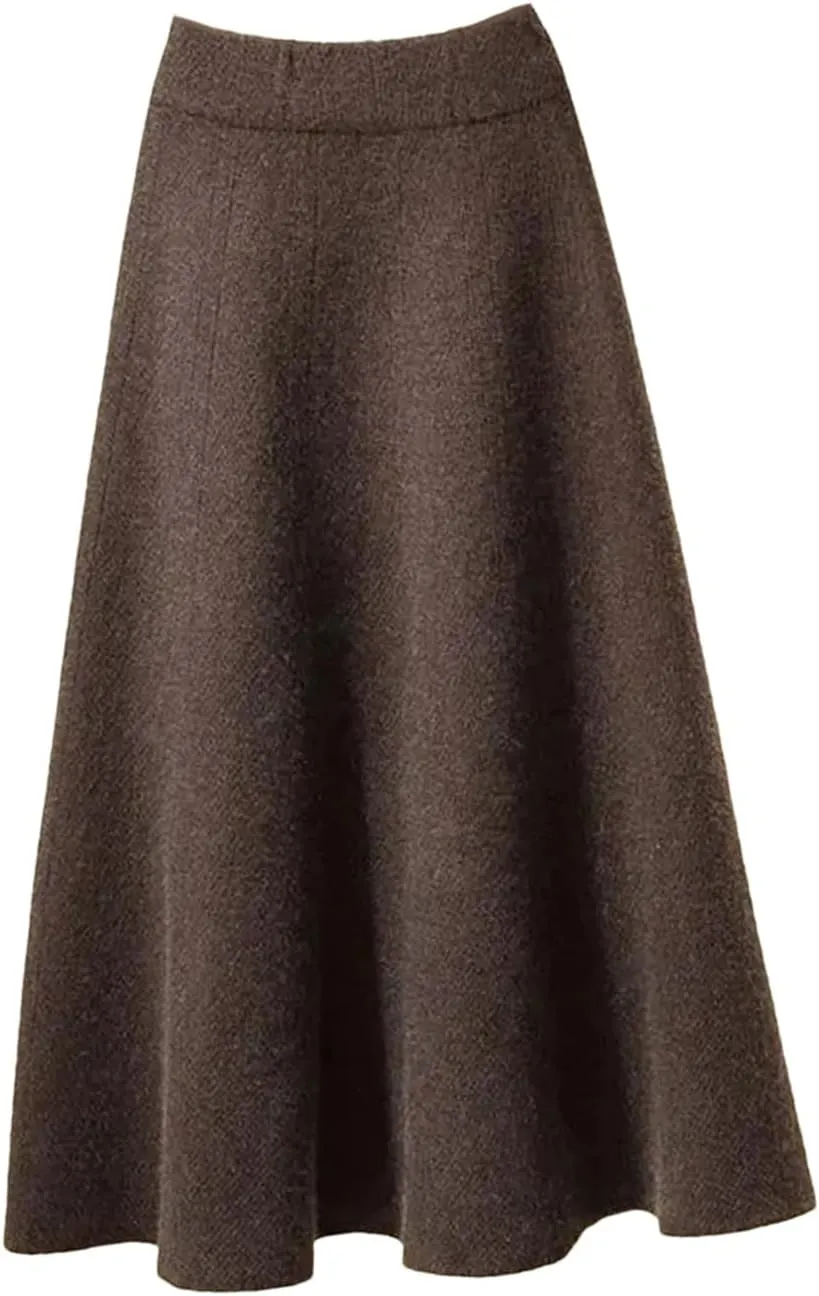 Women Knitted Pleated Skirt Midi Elastic High Waist A-Line Sweater Skirt Female Winter Long Skirt