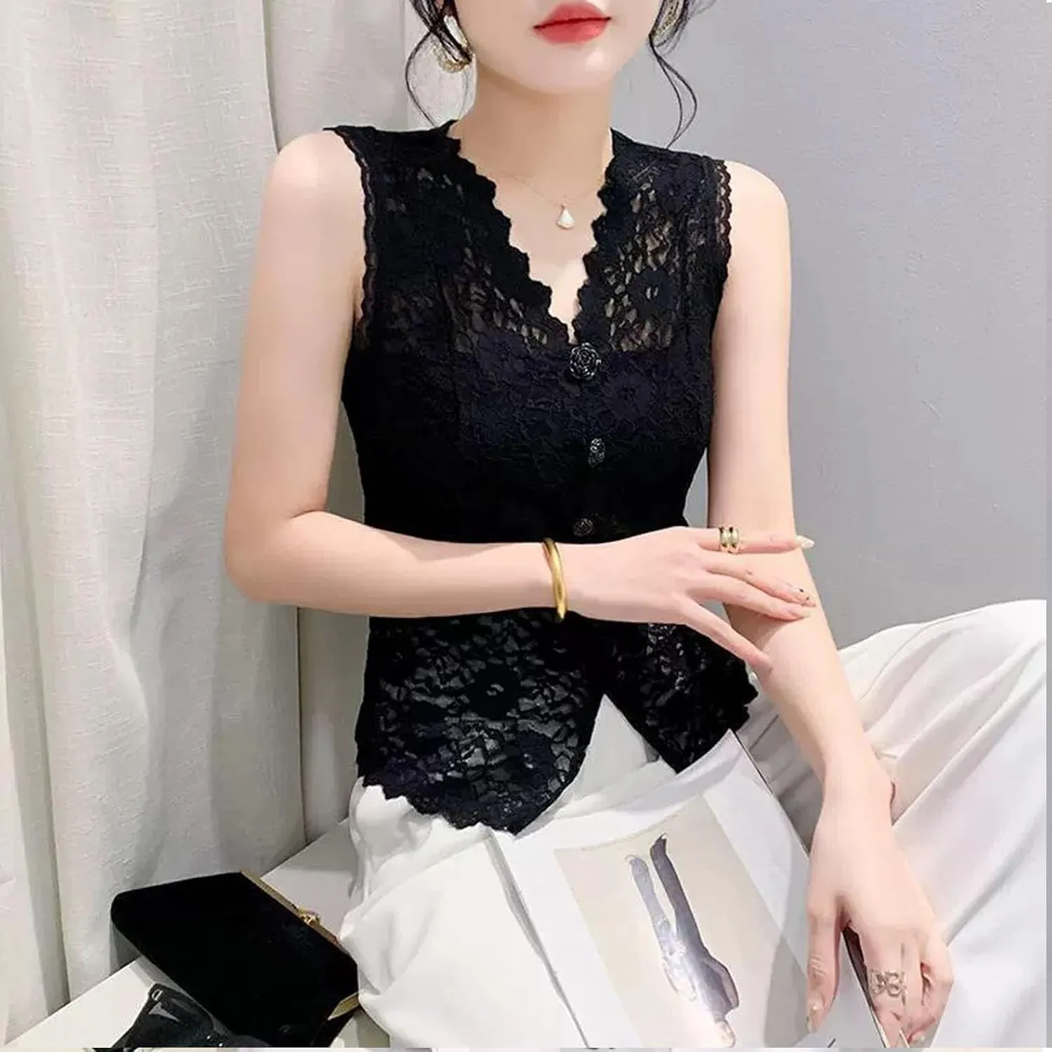 Women Lace See Through Vest Tank Top V Neck Camisole Sleeveless Button Front Elegant Going Out Tops Streetwear